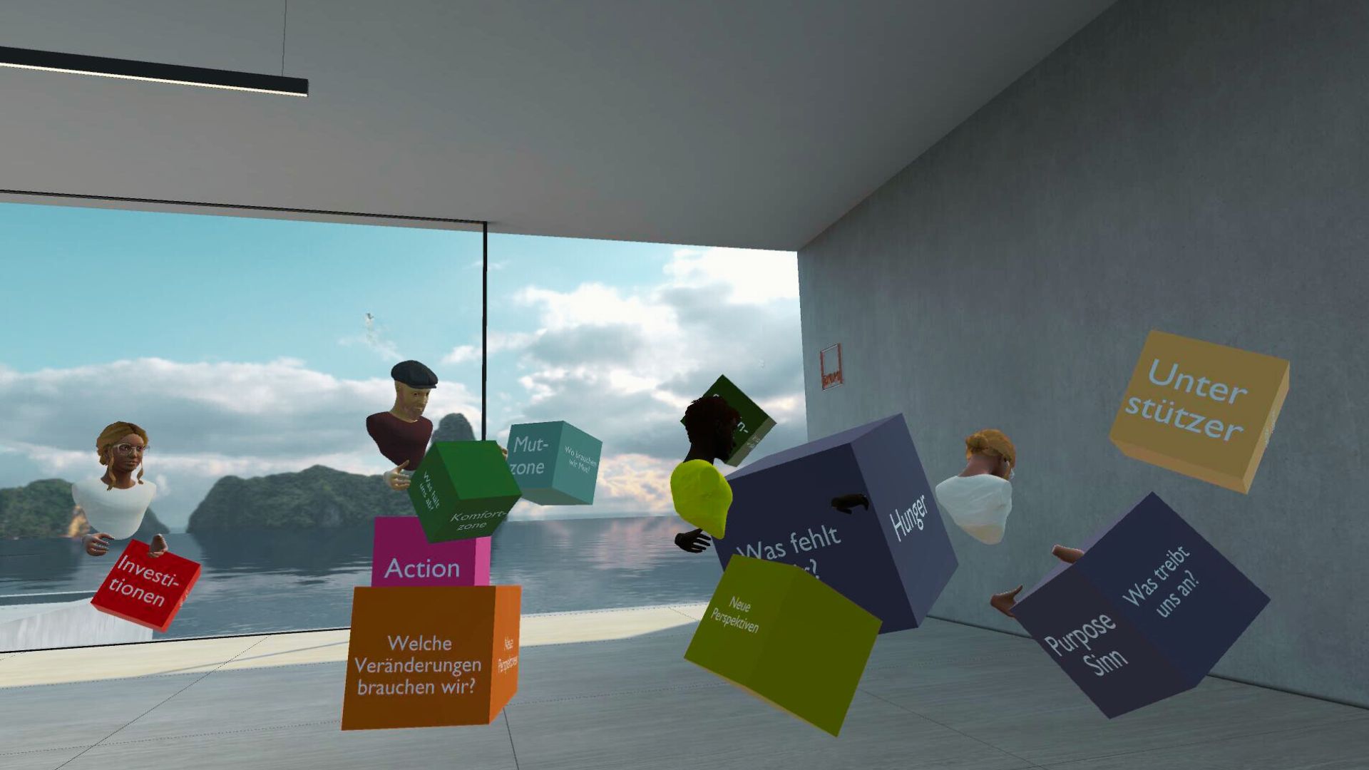 Virtual Reality Raum in dem verschiedene bunte Würfel bewegt werden und in ihrer Größe verändert werden. Ein Team erarbeitet hier ihre Vision für das Team mit der Methode Big Picture. Die Virtual Reality Kollaboration im Team wirkt lebendig und interaktiv.